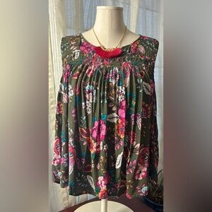a.n.a Olive Floral Tank Top with Pink and Teal Accents